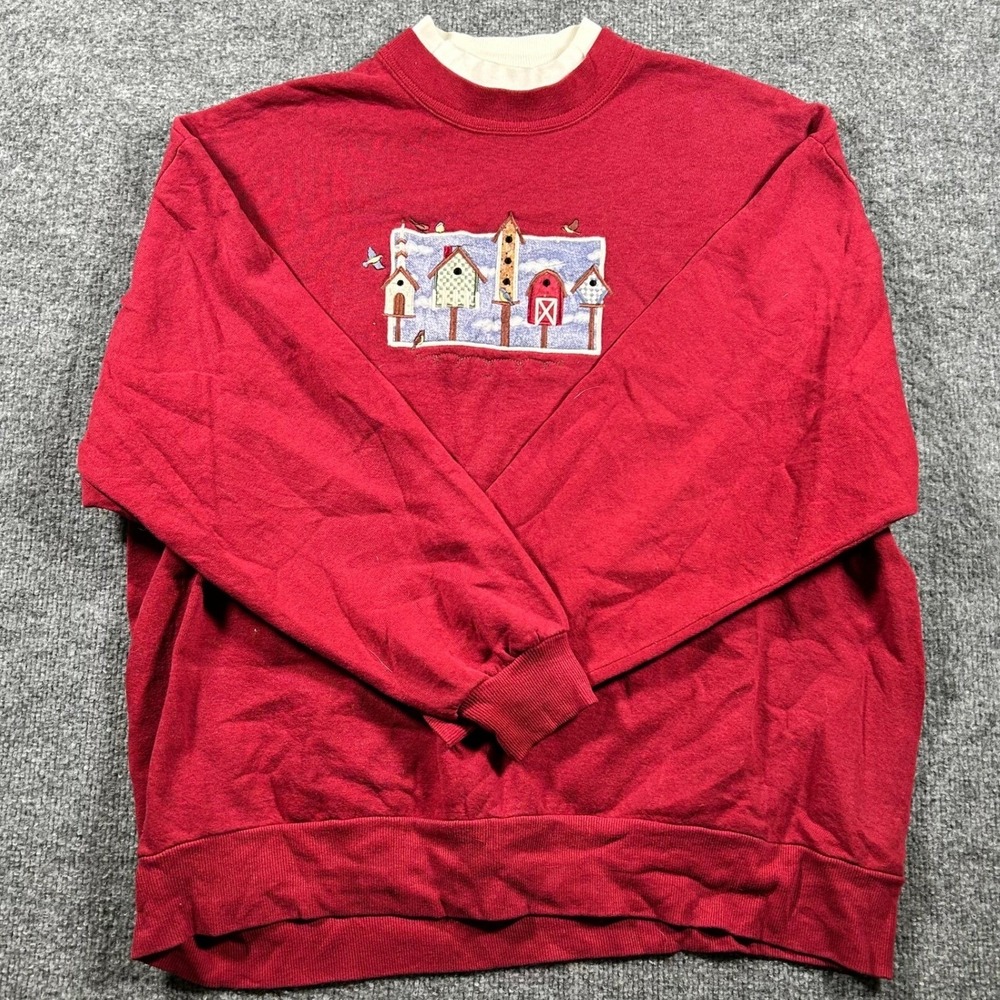 Whim Z Woman Sweatshirt Womens Size XL Red Birdhouse Embroidered USA Made Casual